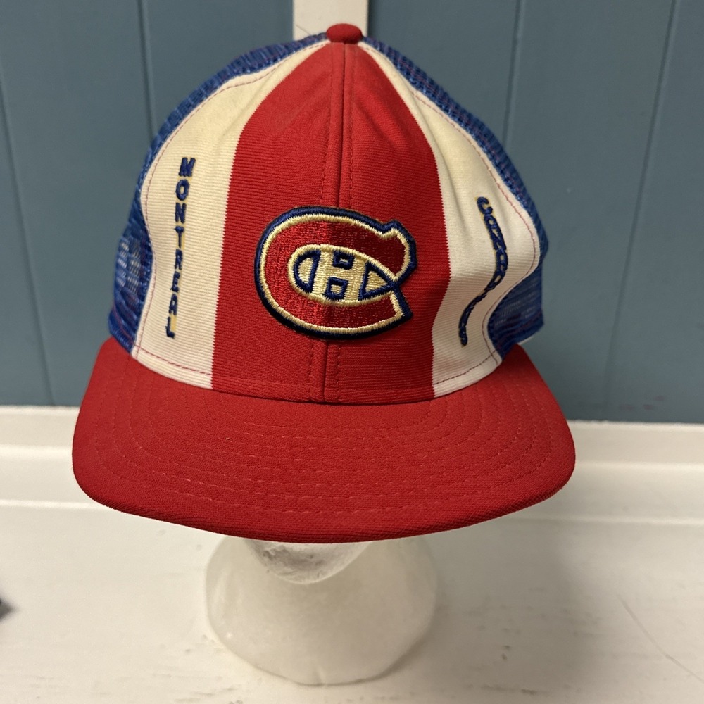 Vintage Rare Montreal Canadiens Hockey Lucky Stripe Hat Cap Mesh Large Snapback